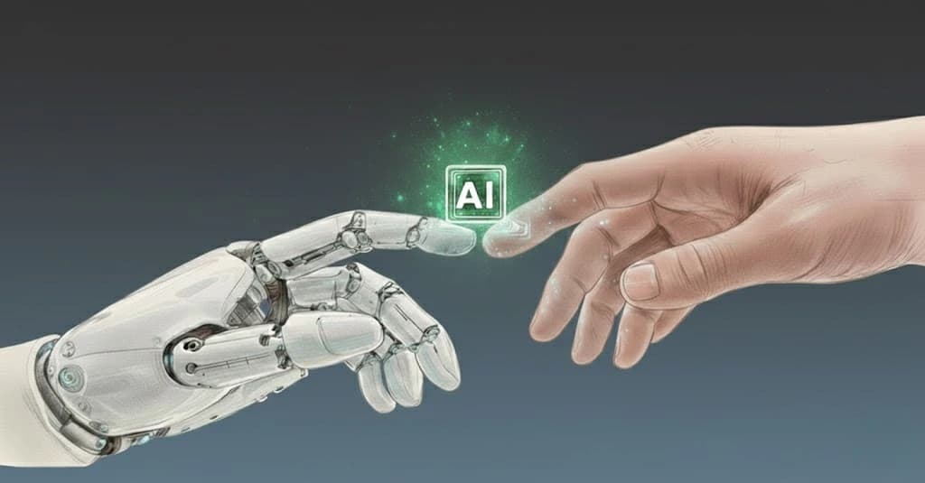 A robotic hand and a human hand reaching toward each other, touching an AI chip at the center — representing human-AI collaboration